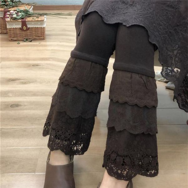 

2018 winter 3-layers lace cotton plush-lined warm leggings mori girl leg slimming leggings drop shipping good quality, Black
