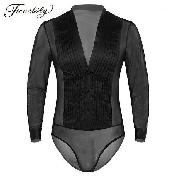 

men deep v-neck long sleeve see through sheer mesh splice latin ballroom dance leotard bodysuit competition shirt1, Black;red