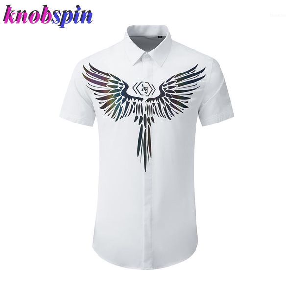 

men's casual shirts brand business men's short sleeve shirt colorful eagle printed slim for men plus size -4xl camisas masculina1, White;black