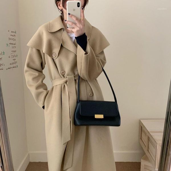 

fashion elegant double breasted belted double-wool coat women autumn korean temperament long sleeve cloak long woolen jacket1, Black