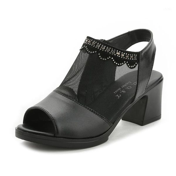 

summer 2020 med heels gladiator sandals women thick heel crystal mesh peep toe sandals comfortable black sandalias plus size1