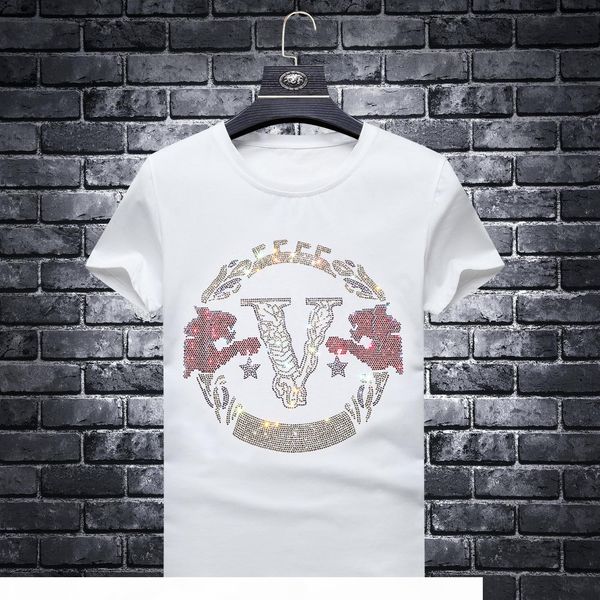 

fashion brand 2020 new men's all-match large size diamond short sleeve t-shirt bright diamond slim all-match handsome t-shirt, White;black