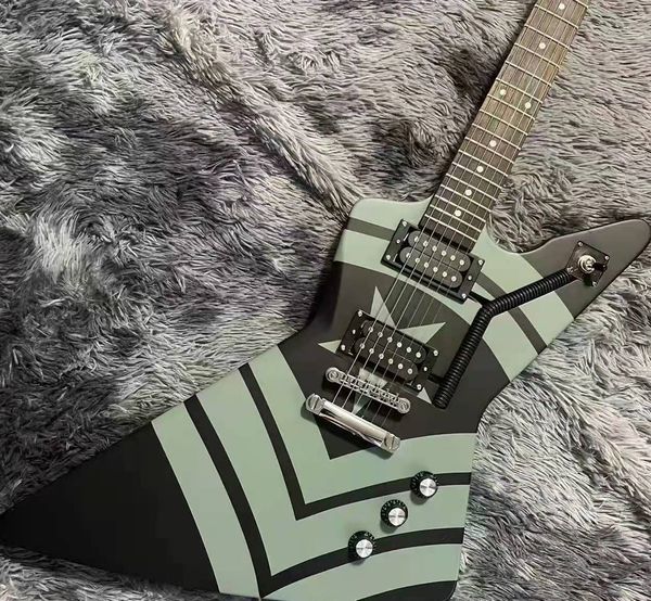 

jason hook m-4 sherman explorer signature arctic black electric guitar green stripes, custom extended cutaway, wiring conduit, grover tuners