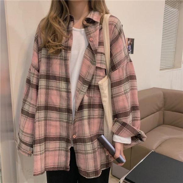 

4xl plus size plaid shirts women casual long sleeve shirt pink womens blouse koran fashion clothes kpop friends baggy 20201, White