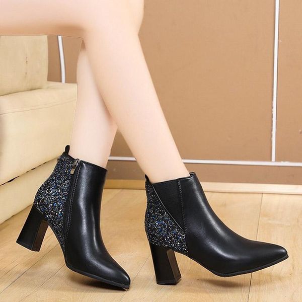 

women ankle boots bling dress shoes high heels booties pointed toe pumps winter female shoes botas mujer large size 41 8677l, Black