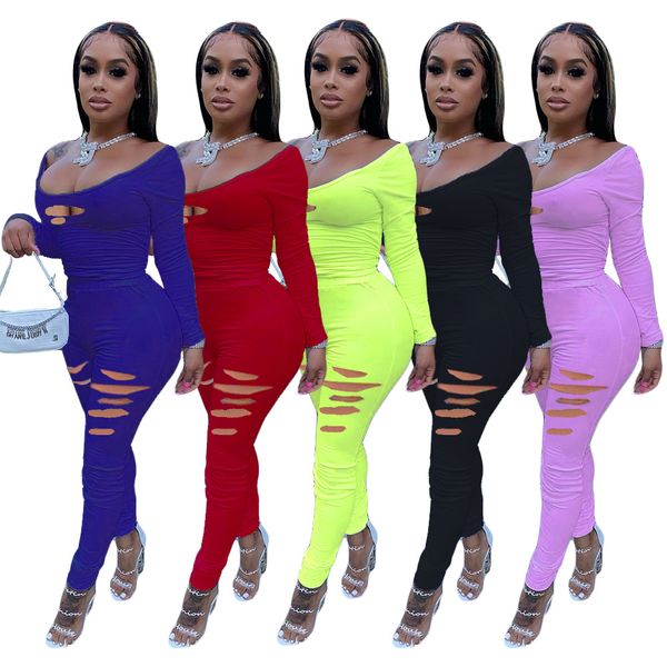 

spring and autumn 2021 women solid color firing burnt flower suit designer fashion u-neck long sleeve trousers two-piece sets, White