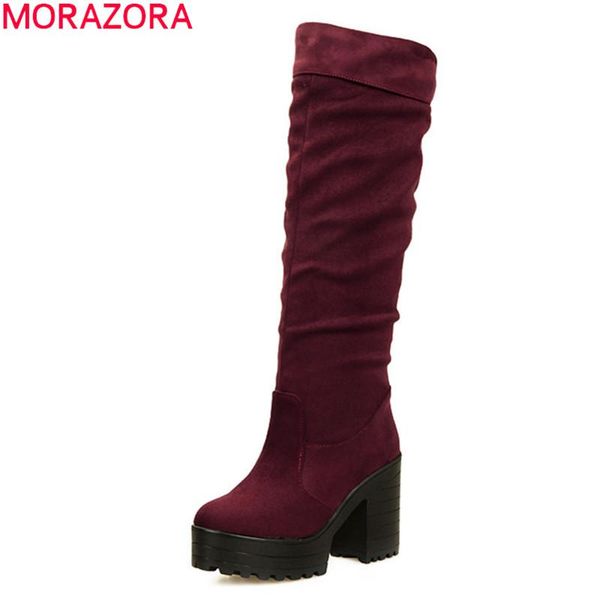 

morazora 2021 big size 34-43 women boots square heels round toe platform winter boots solid color knee high black blue
