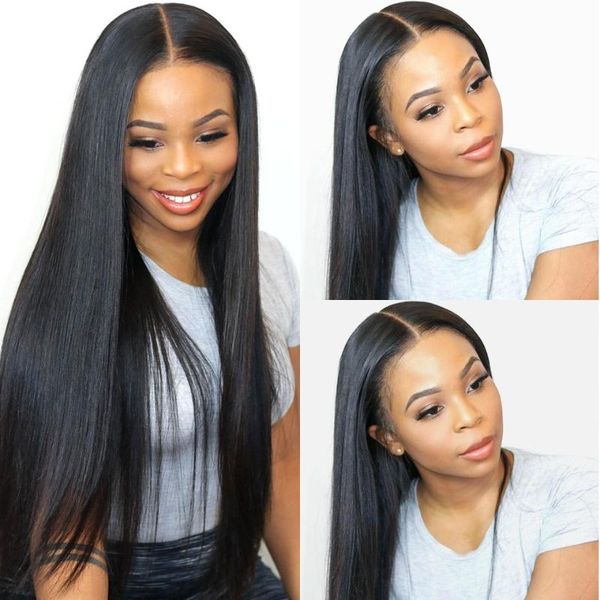 

glueless transparent brazilian straight frontal wigs 180 density straight lace front human hair wigs t part, Black;brown