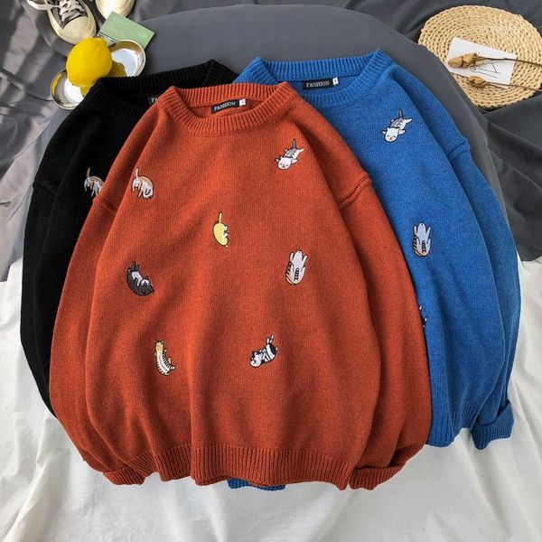 

men's sweaters hong kong wind ins sweater men's autumn thick embroidery korean trend students personality harajuku bf men sweaters, White;black