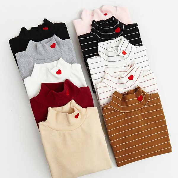 

women harajuku heart embroidery t shirt korean elastic turtleneck thickening basic slim t-shirt female kawaii punk and tees1, White