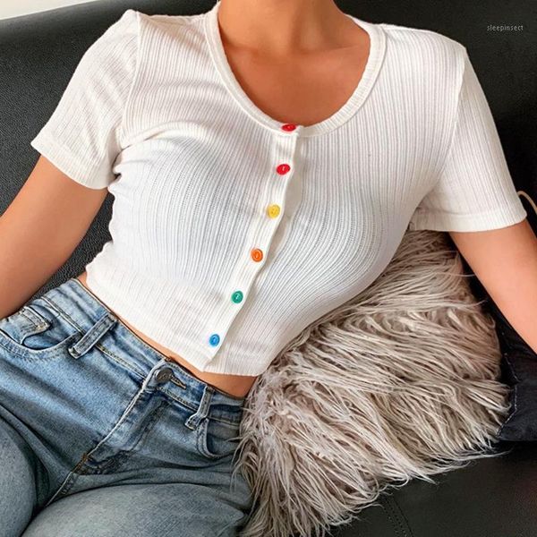 

summer women o-neck solid colors ribbed knitted colorful button short sleeve casual slim bodycon crop shirt blouse#p31, White