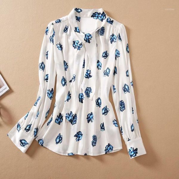 

new 2021 spring summer women real silk shirts blue rose floral print bow collar elegant fashion clothings female1, White