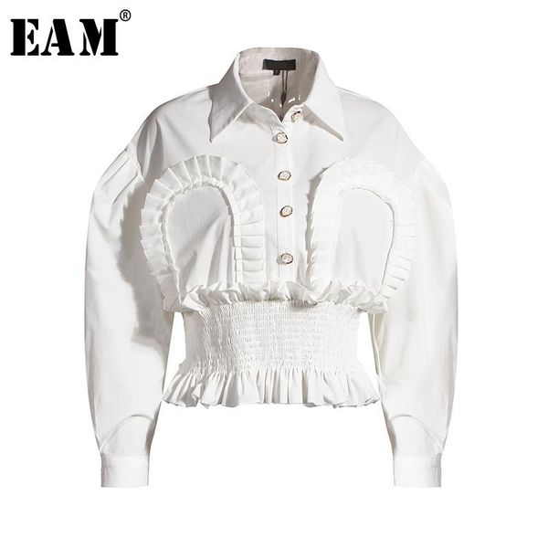 

eam] women white ruffles split joint short blouse new lapel long sleeve loose fit shirt fashion tide spring autumn 2020 1y920