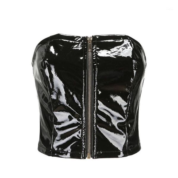 

womens fashion leather tube camis for clubwear wet look bustier ladies front zipper strapless rave dance crop 1, White