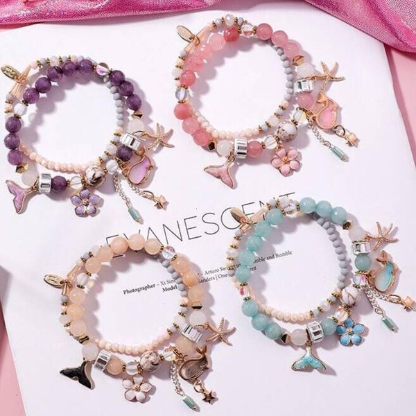 

sweet girl's heart whale fishtail double elastic flower starfish national style hand stone multi layer bracelet, Silver