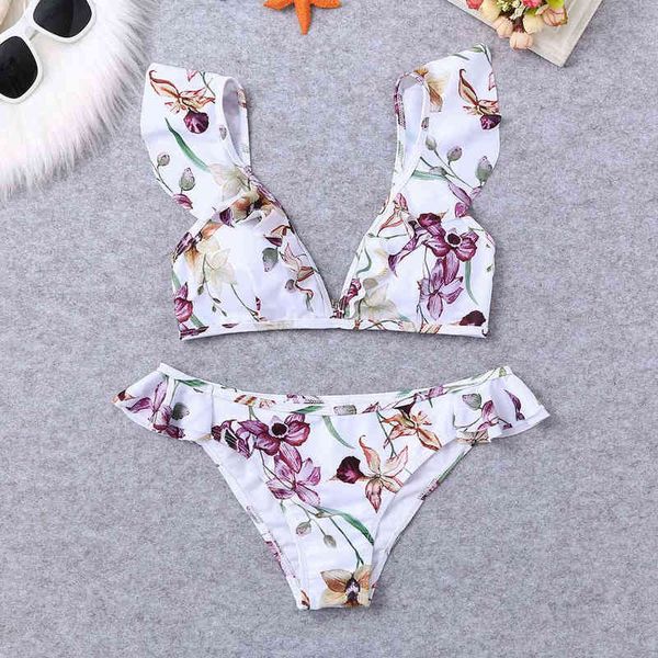 

clothes women floral print swimwear women push-up bikini set summer beach swimming ruffle swimsuit girl, White;black