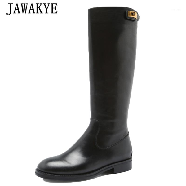 

knee high women boots round toe back zip autumn shoes british style riding long booties metal lock western boots1, Black
