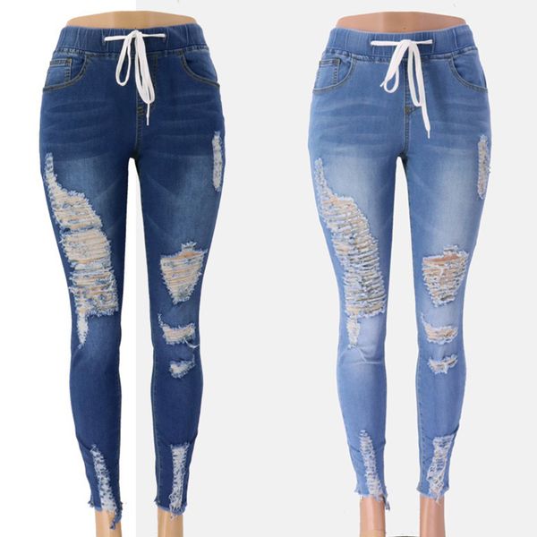 Женщины рваные джинсы эластичный пояс карандаш брюки Тощий Stretch Проблемные Hole Boyfriend джинсы джинсовые брюки Тонкий