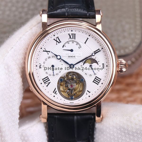 

axf 42mm complications rose gold true tourbillon automatic mens watch white dial leather strap gents sports watches, Slivery;brown