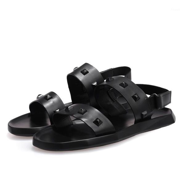 

black studded sandals high-end production spike rivets gladiators flat heel fashion summer mens sandals big size euro 38-461