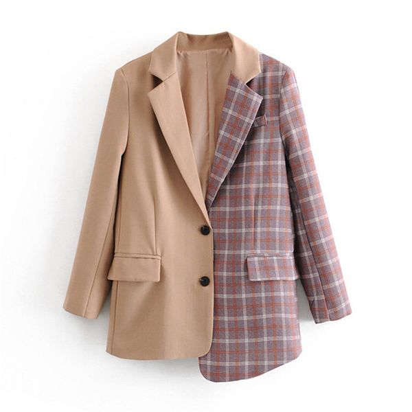 

solid patchwork plaid elegant women blazer oversize chic plaid asymmetry jacket single breasted office lady work coat outwear lj201021, White;black