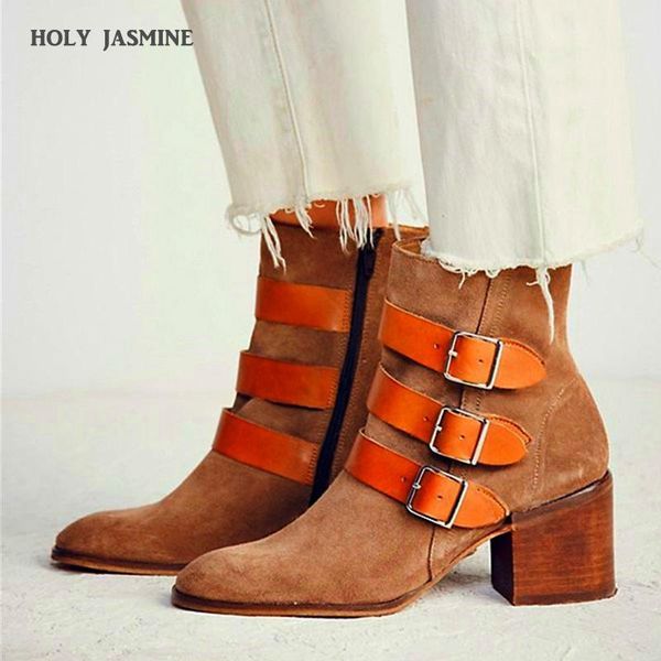 

holy jasmine genuine leather pointed toe ankle boots square heel winter women boots nubuck womens shoes zip high (5cm-8cm)1, Black