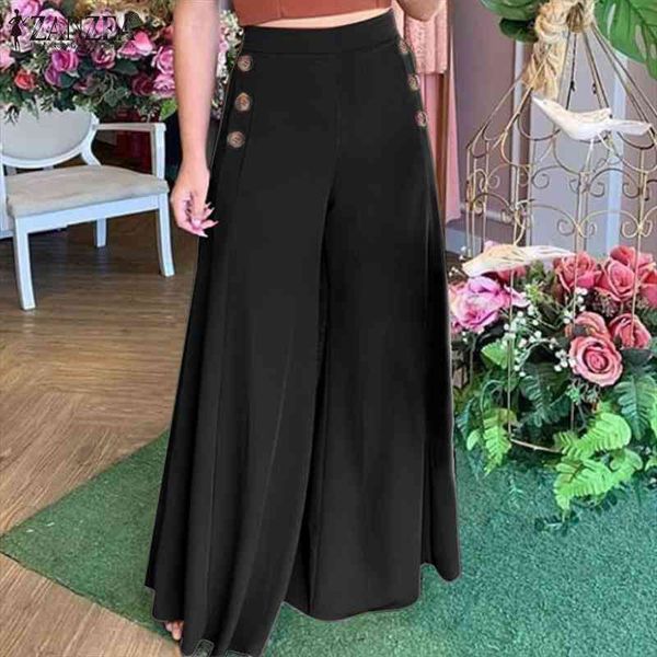 

womens fashion autumn pants vintage elastic waist trousers zanzea casual wide leg pants female solid button bottoms, Black;white