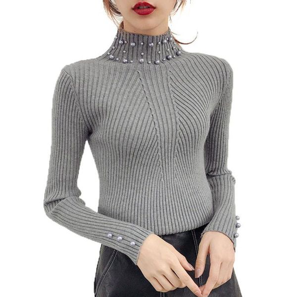 

turtleneck sweater women pearl beading knitted sweater and pullovers 2021 autumn winter long sleeve slim pullovers pull femme, White;black