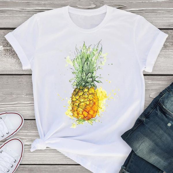 

women graphic short sleeve watercolor pineapple fruit beach summer lady womens clothing t-shirt shirt tees female t shirt, White