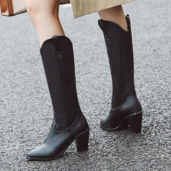 

aiweiyi knee high boots for women pointed toe square heel high heels thigh boots slip on motorcycle botas mujer1, Black