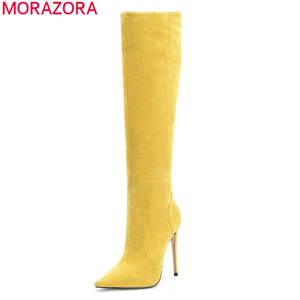 

morazora 2020 big size 45 women knee high boots pointed toe flock autumn winter long boots super thin high heel shoes woman t200425, Black