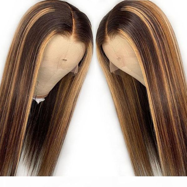 

pre plucked full lace human hair wigs with baby hair peruvian lace frontal virgin human hair straight highlights wig honey blonde color, Black