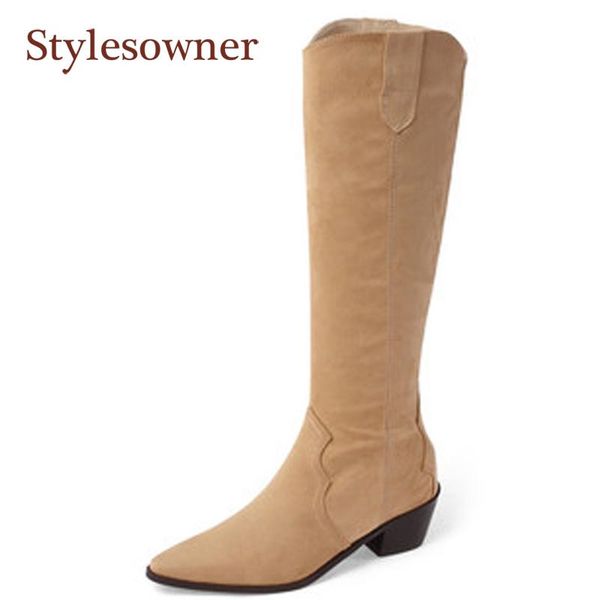 

retro knee-high woman western cowboy boots flock pointed-toe square toe square heel slip-on med boots 2021 new autumn shoes, Black