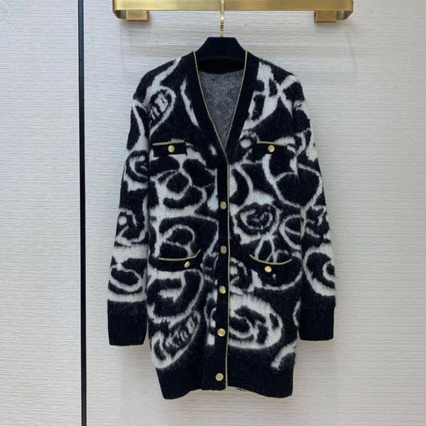 

luxury high-end brand long cardigans coat women alpaca wool flora jacquard singles breasted vintage fashion fall knitted sweater, White