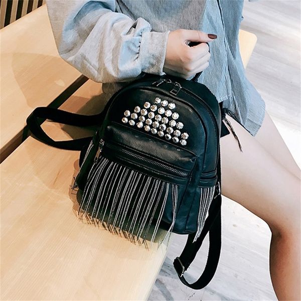 

retro tassel shoulder small backpack korean soft leather personality ladies rivet casual backpack