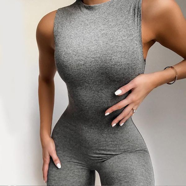 

2020 fashion ladies solid sleeveless bodycon jumpsuit women o neck skinny slim romper running jogging women bodysuit, Black;white