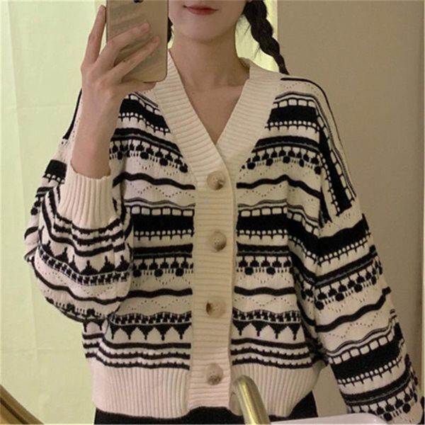 

women's knits & tees 2021 women geometric pattern cardigan, adults lantern sleeve v-neck single-breasted knitwear leisure wear, White