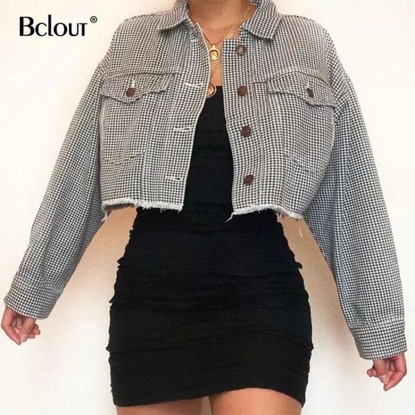 

women's blouses & shirts bclout crop fashion women long sleeve turn down collar plaid female two pockets vintage blouse, White