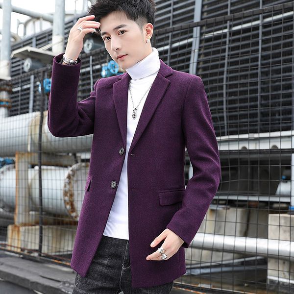 

autumn and winter 2020 new pure color korean men's slim middle length woolen windbreaker coat, Tan;black