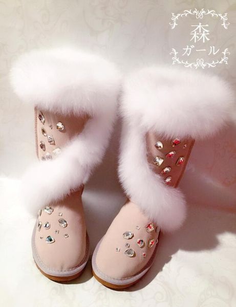 

2020 precious new strass fox skin cross tube leather cotton shoes high snow boots k91o, Black