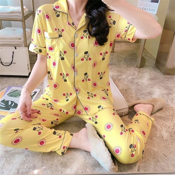 New Sale Women Wear Home Wear 2020 Verão Mangas Curtas Mulheres Pijamas Conjunto Longo Pant Pajamas Define Cotton Lazer Sleepwear Set Y200708