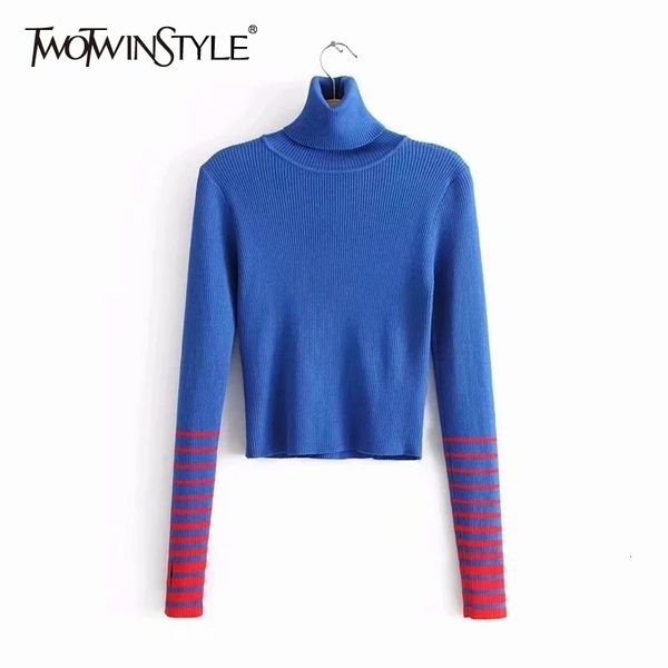 

twotwinstyle striped patchwork hit color sweaters for female turtleneck long sleeve pullover knitted autumn slim women's sweater 201023, White;black