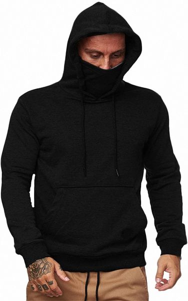

men's long sleeve athletic with mask hoodies sport sweatshirt solid color fashion pullover w8ff#, Black