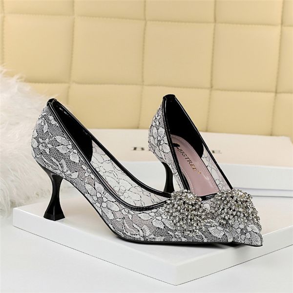 

spring autumn elegant women flower 7.5cm thin high heels pumps designer mesh lace crystal heels exotic dancer bridal shoesmultifunction, Black