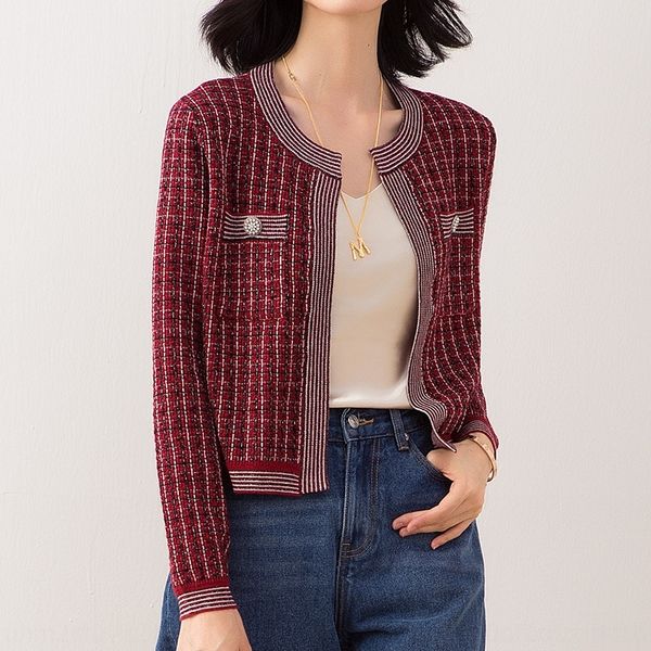 

6eik7 cardigan autumn and winter new color fashion women's plaid coat sweater sweater graceful coat round neck contrast 2020 knitted wo, White;black