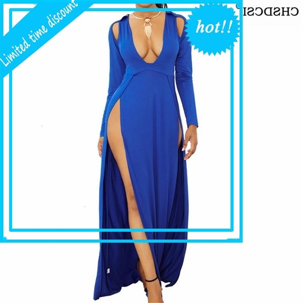 

chsdcsi maxi vestidos mujer elegant bodycon ladies party dress hoge split hollow out diepe v-neck night clubwear, Black