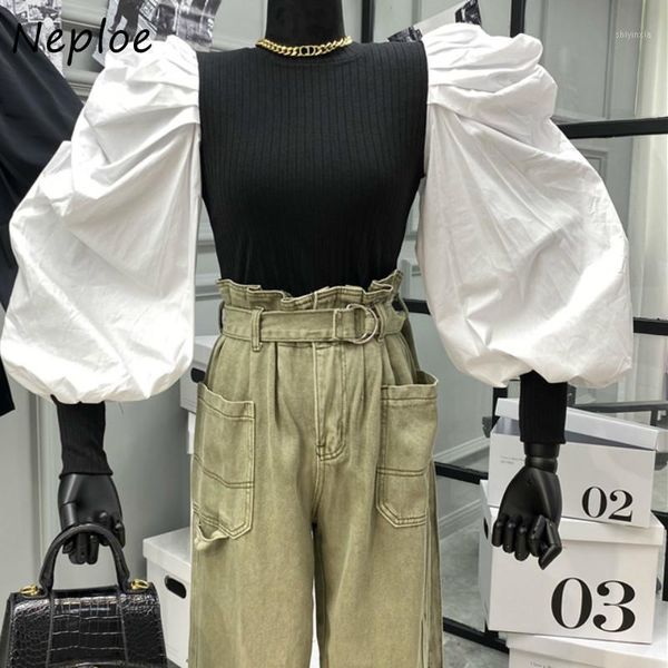 

nepleo elegant temperament knitted patchwork puff sleeve shirt 2020 new o-neck panelled women blouse autumn fashion femme blusas1, White