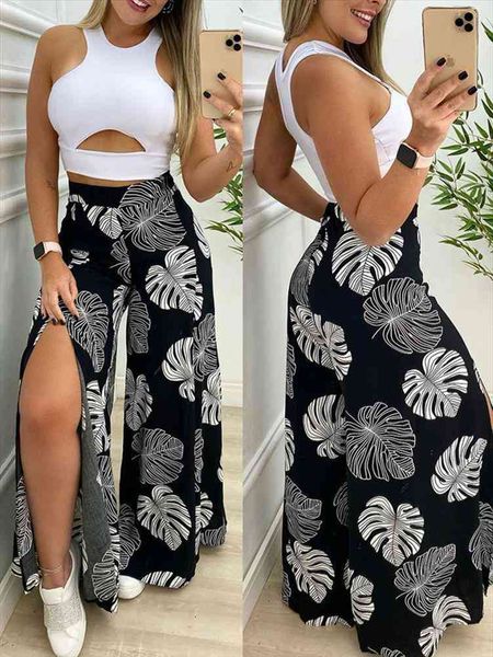 

two piece suit sets summer women casual beach wear solid sleeveless cut-out tank amp print split wide leg pants, White