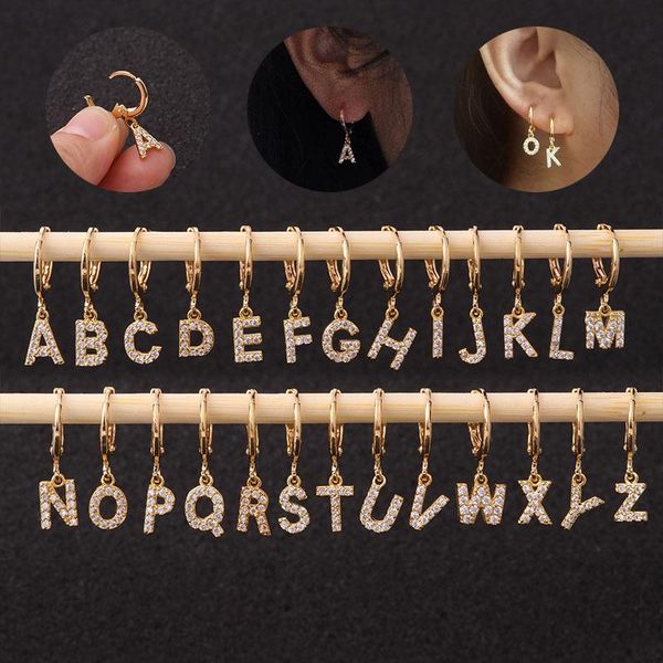 

1 pcs classic gold color micro pave cz a-z alphabet hoops simple small circle abc pendant earrings copper ear jewelry, Golden;silver
