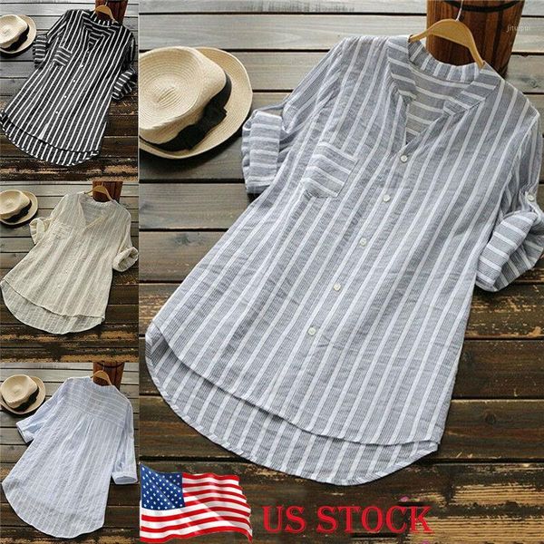 

womens summer striped v neck blouses loose baggy tunic shirts plus size ladies clothes tees new1, White